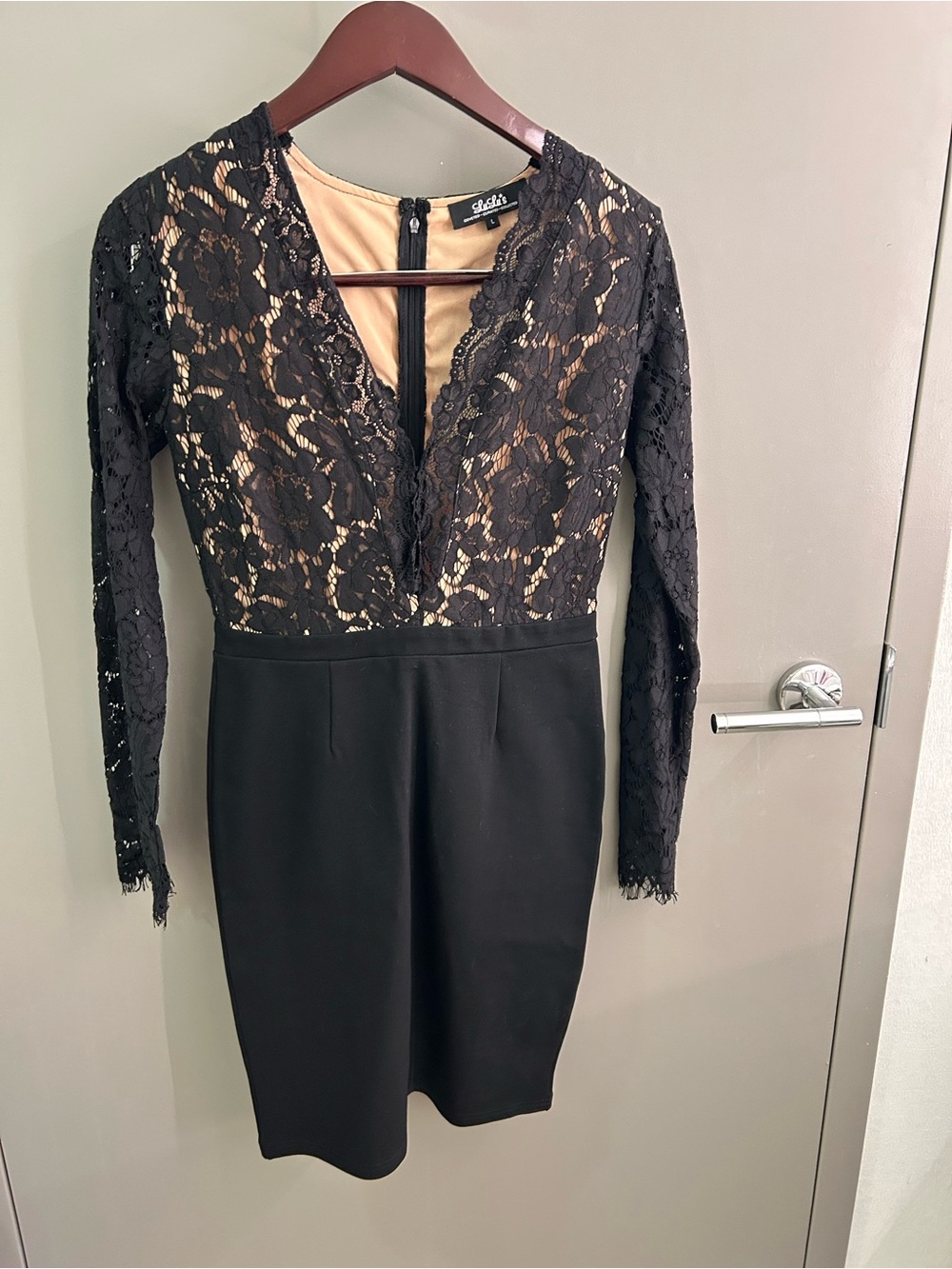 Lulu's Black Lace-Overlay Long Sleeve Sheath Dress with Nude Lining